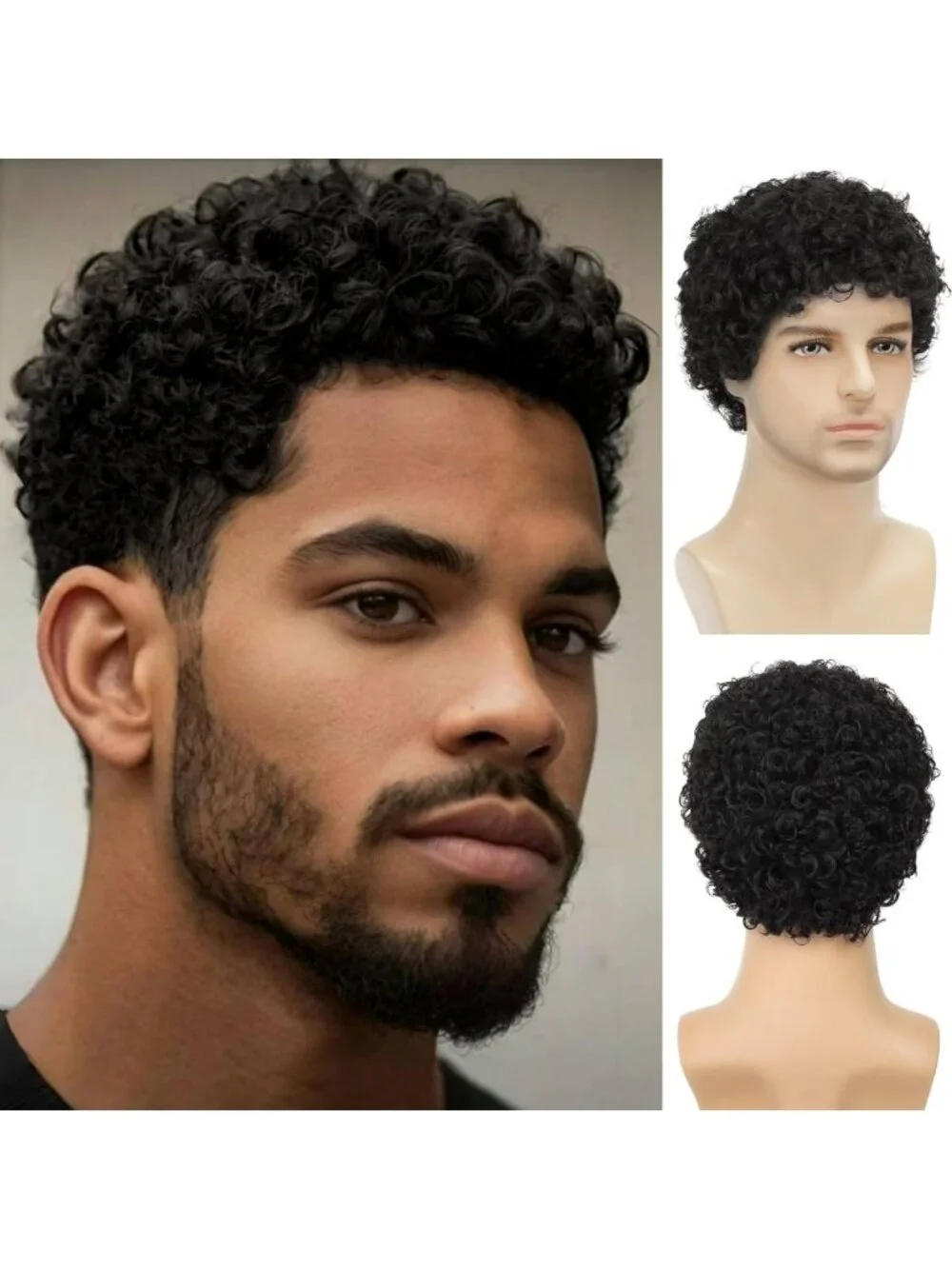 Mens Black Short Afro Kinky Curly Natural Synthetic Wig Shag Bangs Cosplay Style